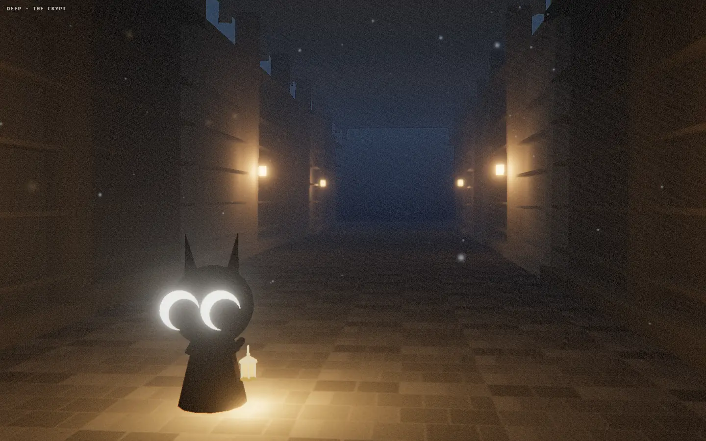 A dark corridor of the deep stacks, lit only by a small lantern and a few failing lamps